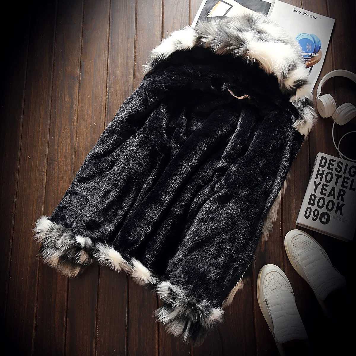 Winter Warm Plus Fleece Faux Fur Fox Fur Casual Mens Hooded Jacket Thick Boutique Fashionable Male Slim Coats Size S-5XLXJ241102