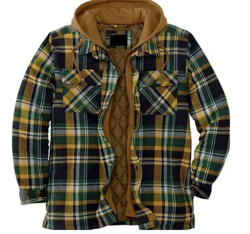 Mens long Sleve winter hooded jacket Flce lining flannel plain shirt jacket button up Sherpa jacket with hood W241102