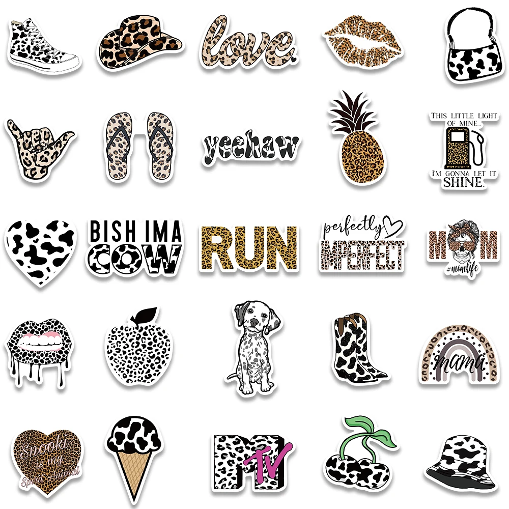 50pcs Leopard Cow new Print Stickers Black And White Decals Waterproof Vinyl Scrapbook Laptop Skateboard 2025 Phone Lage Stickers