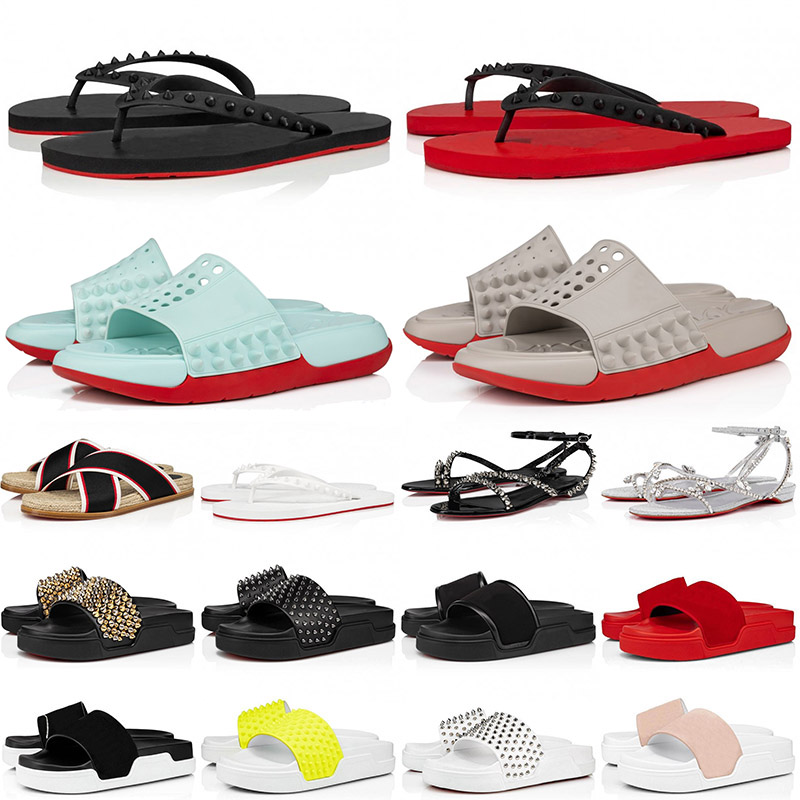 With Box 2024 Designer Red Bottoms Sandals Women Mens Big Size Rubber Loafers Shoes Slippers Sole Black White Slides Bottom Luxurys Leather Flip Flop 35-47