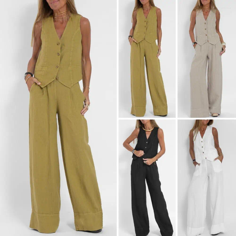 Women's Two Piece Pants Sleeveless V-neck Suit Women Set Stylish Cotton Linen With Vest Wide Leg For Office