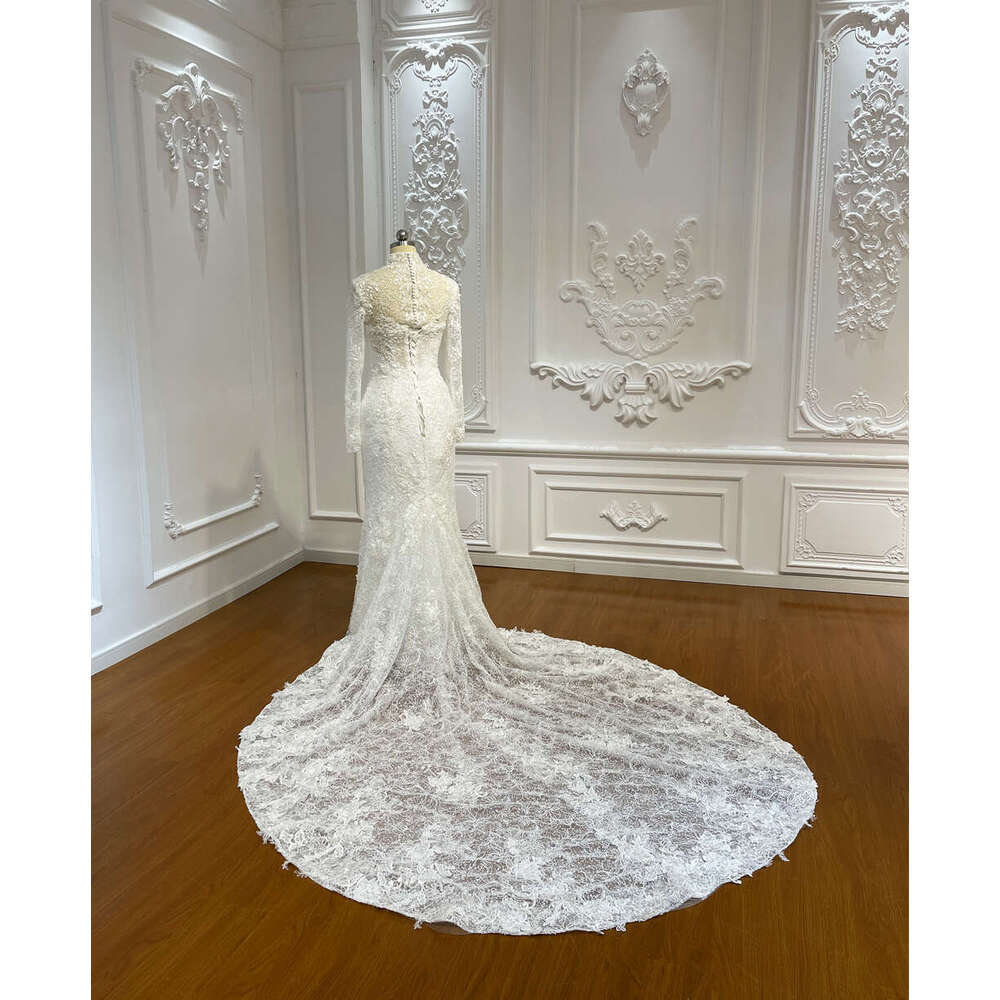 Customized High Neck Long Sleeve Soft Lace Mermaid Wedding Dress