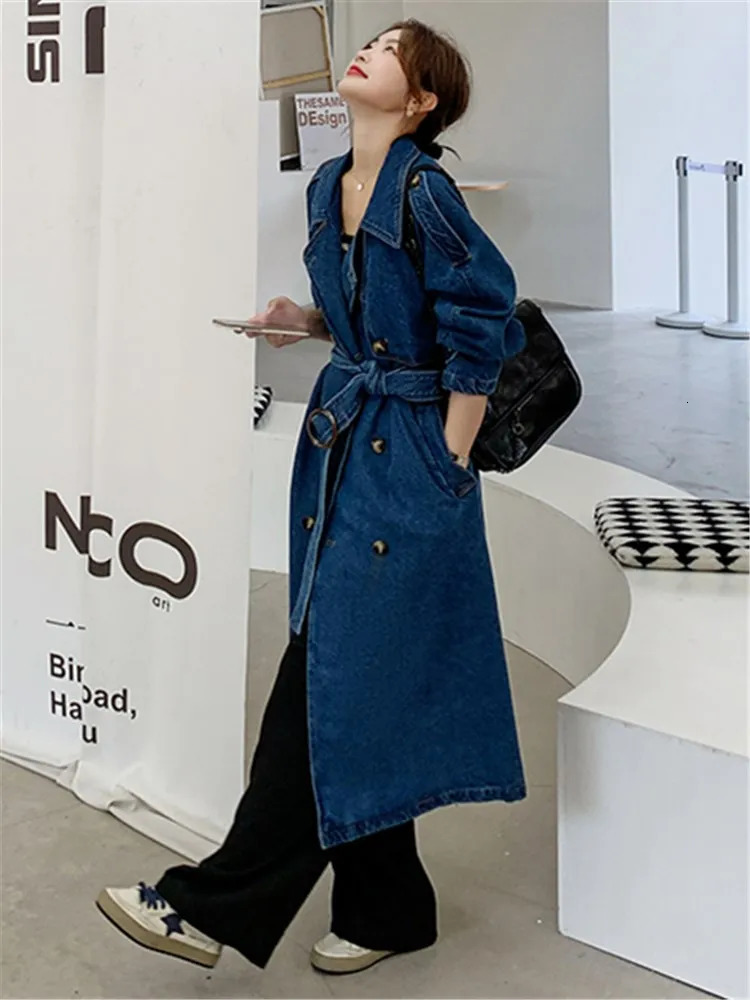 Vintage Blue Denim Windproof Jacket Autumn Double Chest Strap Loose Casual Elegant British Womens Long Trench Coat 8185 241031