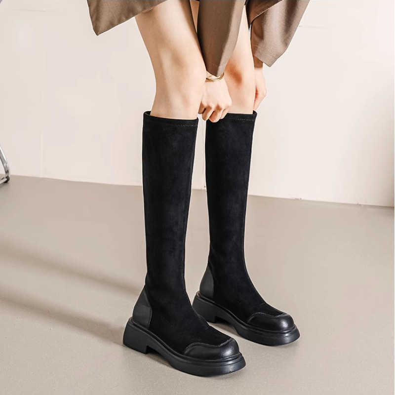 CMM Over the Knee Long Boots Womens Suede Elastic Boots Autumn New Small Fragrant Thick Sole Thick Heel High Tube Slim Boots