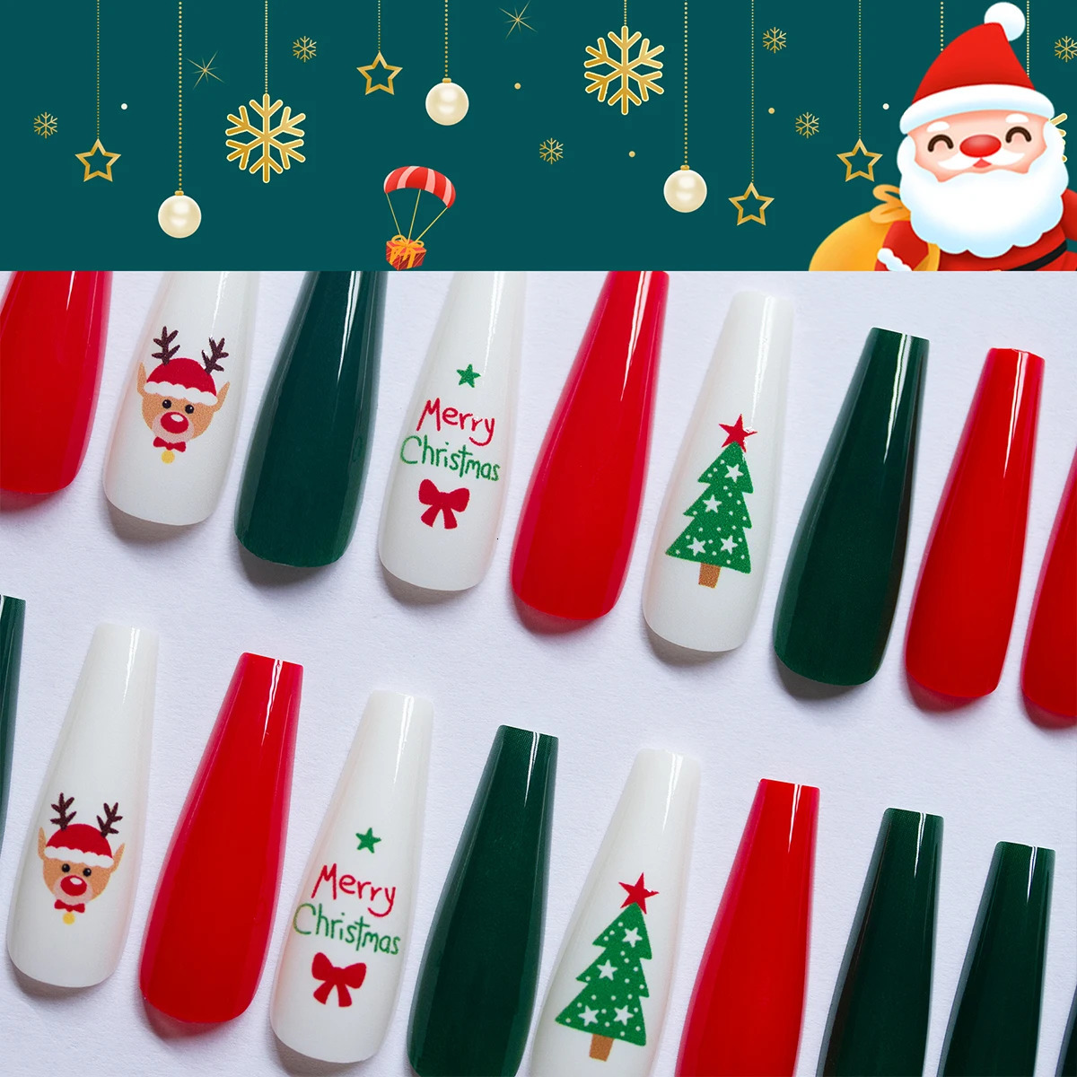 Aokitec Press on False Nails Christmas Wearable Long Fake Christmas Halloween Removable Full Set DIY Fax OnglesTips 241031