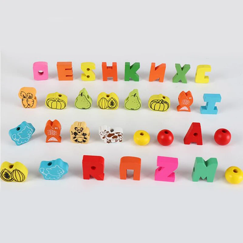 26pcs Wooden Toys Baby DIY 2025 Toy Cartoon Fruit Animal Stringing Threading Wooden beads Toy new Monterssori Educational for Kids GYH