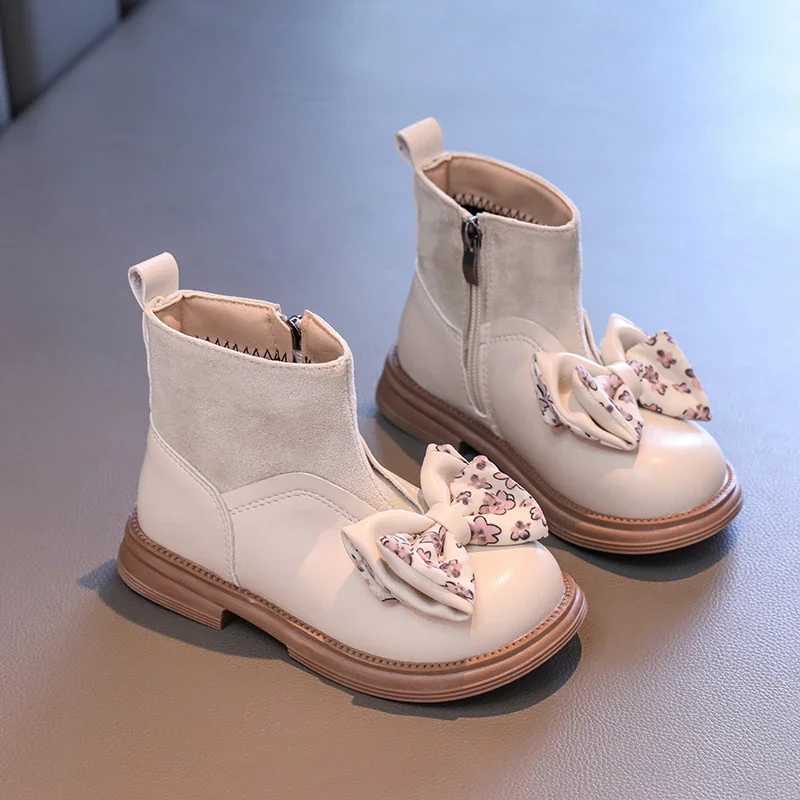 Elegant girl ankle boots in spring and autumn sweet childrens princess shoulder boots chic bow Versatile childrens short boots fashionable and new M24
