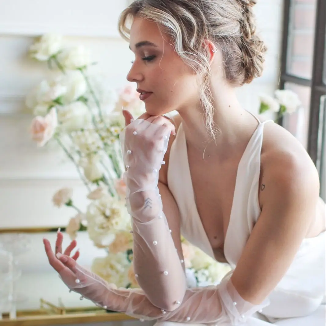 new TOPQUEEN VM20 Bachelorette Party Accessories Removable Bride Sleeves Wedding 2025 Bridal Gloves Elbow Length Ladies Gloves