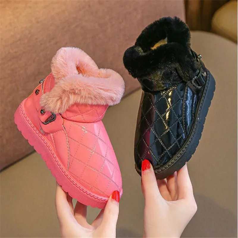 Winter childrens waterproof shoes plush girls snow boots warm shoes Pu leather flat strap childrens shoes outdoor snow boots M241102