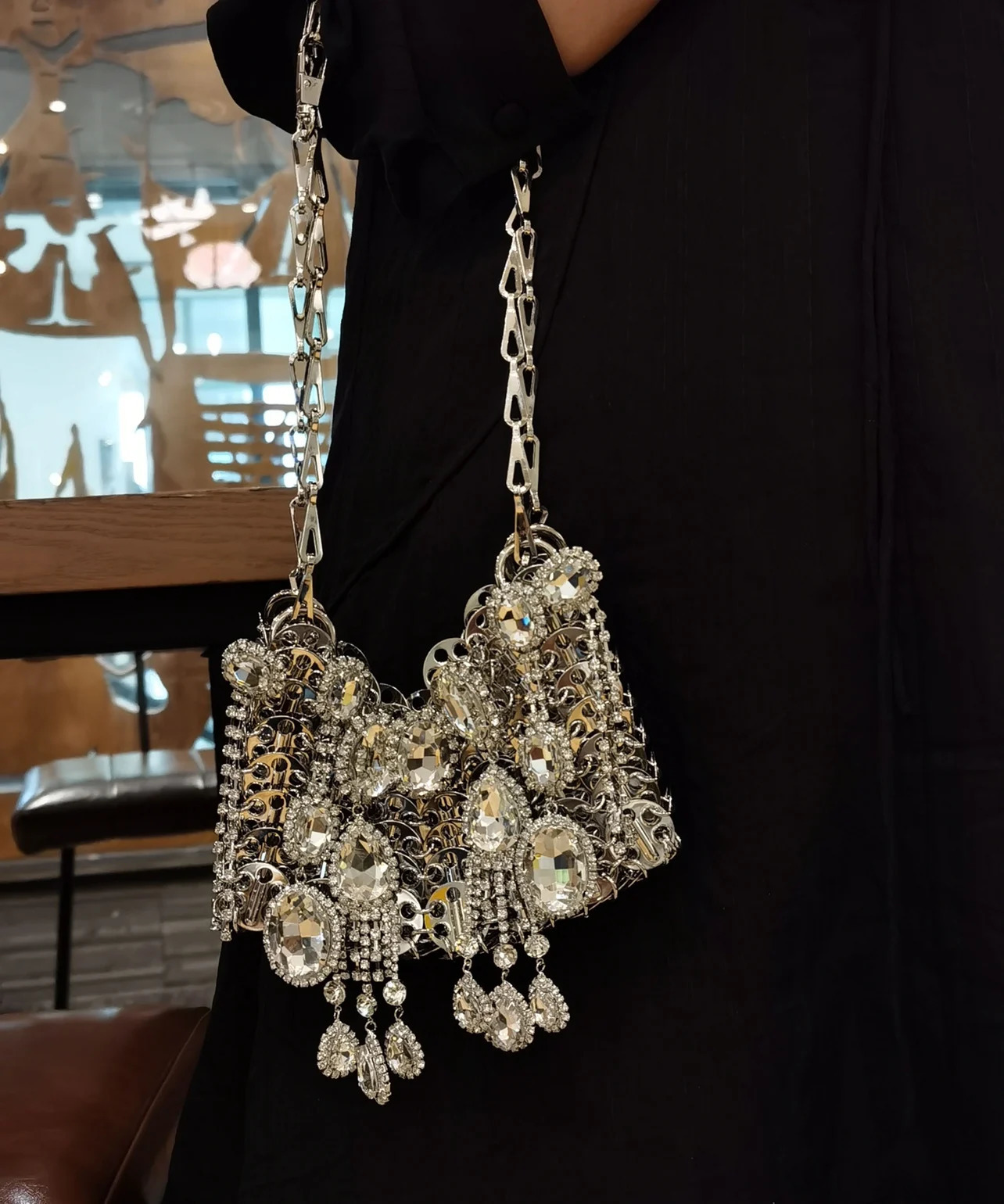 Womens bag silver metal sequin diamond womens bag hollow evening bag brass clutch travel holiday shoulder bag handbag 241031