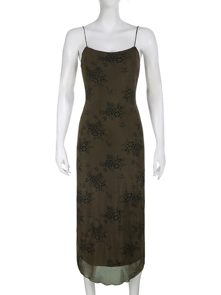 Y2K Retro Fashion Strap Printing Summer Maxi Dress Women Fairycore Grunge Chic Party Long Mesh Dresses Gothic Clothes 240319