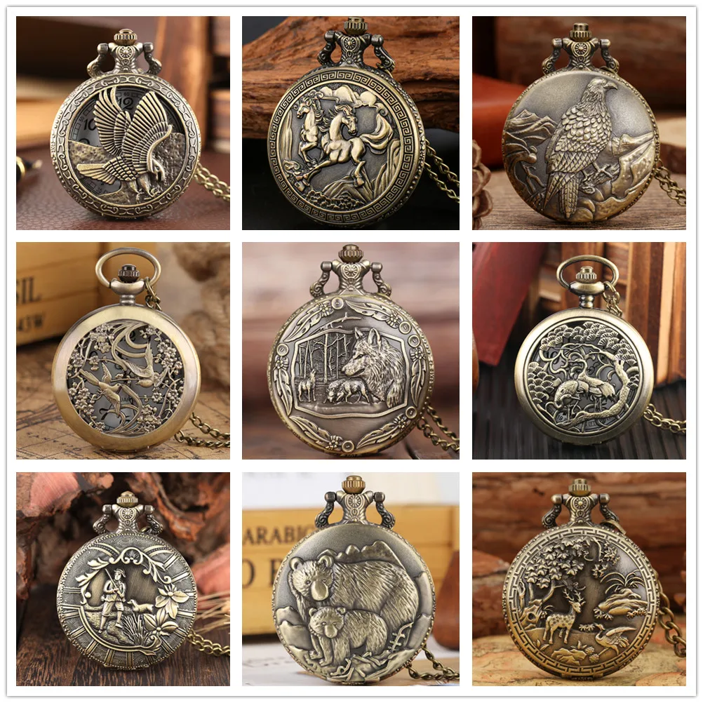 Vintage Bronze Wild Animal Pattern new Necklace Watches Wolf/Eagle/Deer/Bear/Horse/Birds 2025 Retro Elegant Quartz Pocket Clock