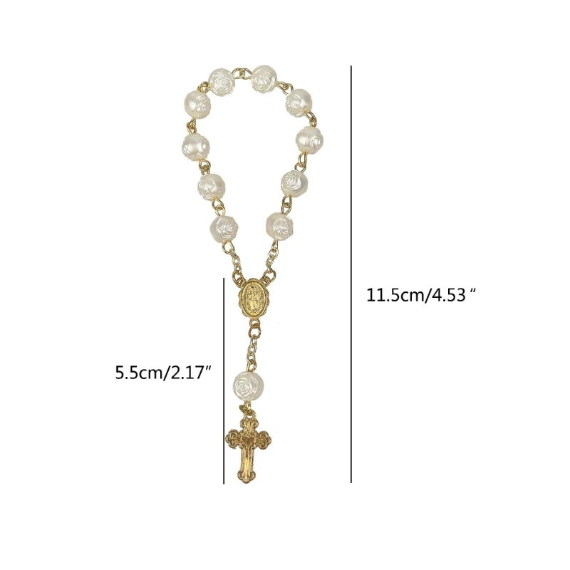 Catholic new for Cross Finger Chain Mini Rosary 2025 Finger Baptism Rosaries Faux Pearls Bracelet for Baptism Christening