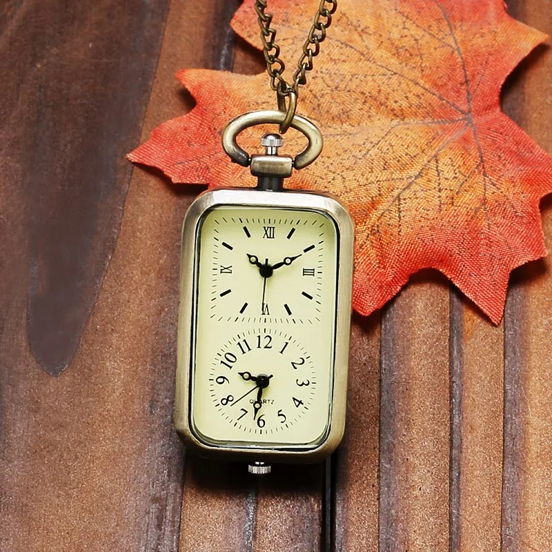 new Retro Bronze 2025 Square Dual Time Zone MiniDesign Quartz Pocket Watch with Necklace Chain Leisure Pendant Gift Men's Clock