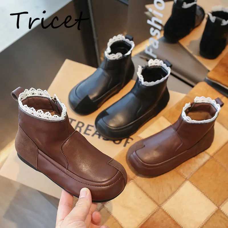 Bordered lace girls fashion boots solid PU leather patch work childrens ankle shoes Spirng autumn zipper childrens short boots M241102