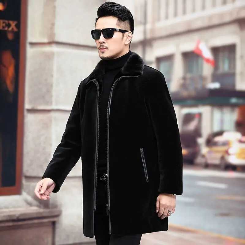 Mens mink coat imitation sheep shear coat mens mink midlength leisure windbreaker middle-aged jacket tideXJ241102