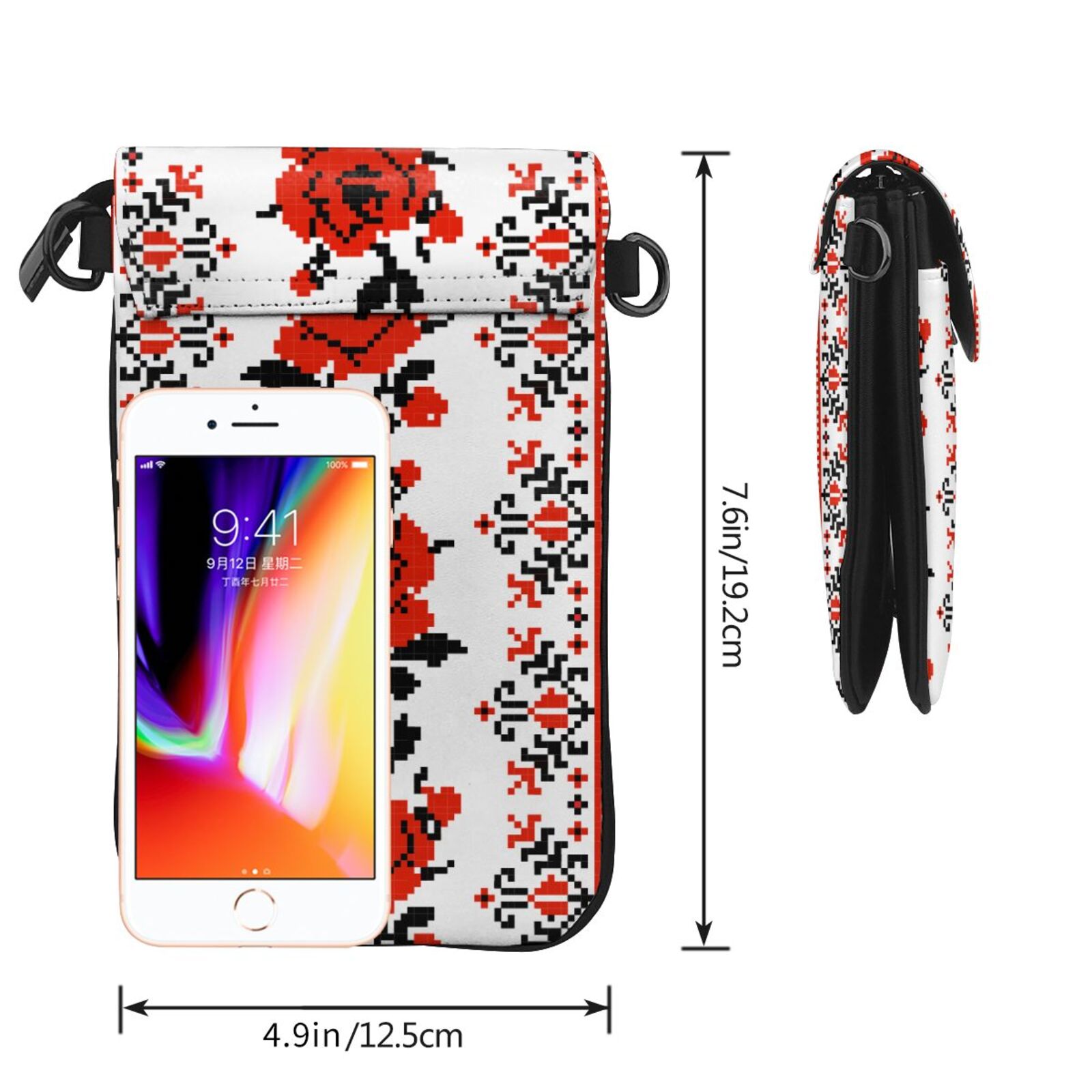 Ukrainian Embroidery Style Rose Women Cell Phone Purse Leather Crossbody Bag Mini Shoulder Bag Card Holder Wallet