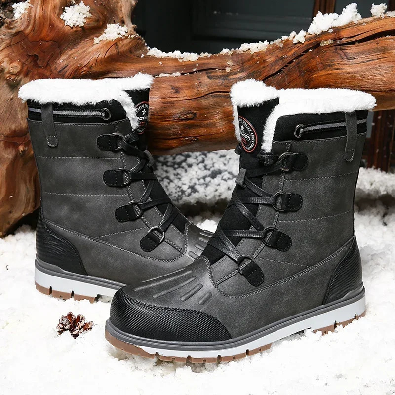 Fashionable mens winter boots warm fur high top snow boots mens waterproof leather platform boots outdoor anti slip mens winter shoes 241031