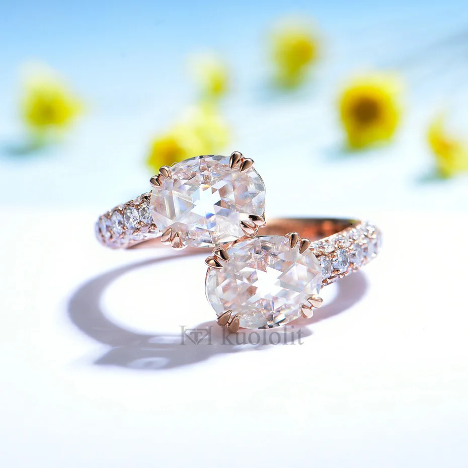 Kuololit 4CT Double Rose Cut 18K 14K 10K Gold Ring for Women Solitaire Diamond Engagement Christmas 240402