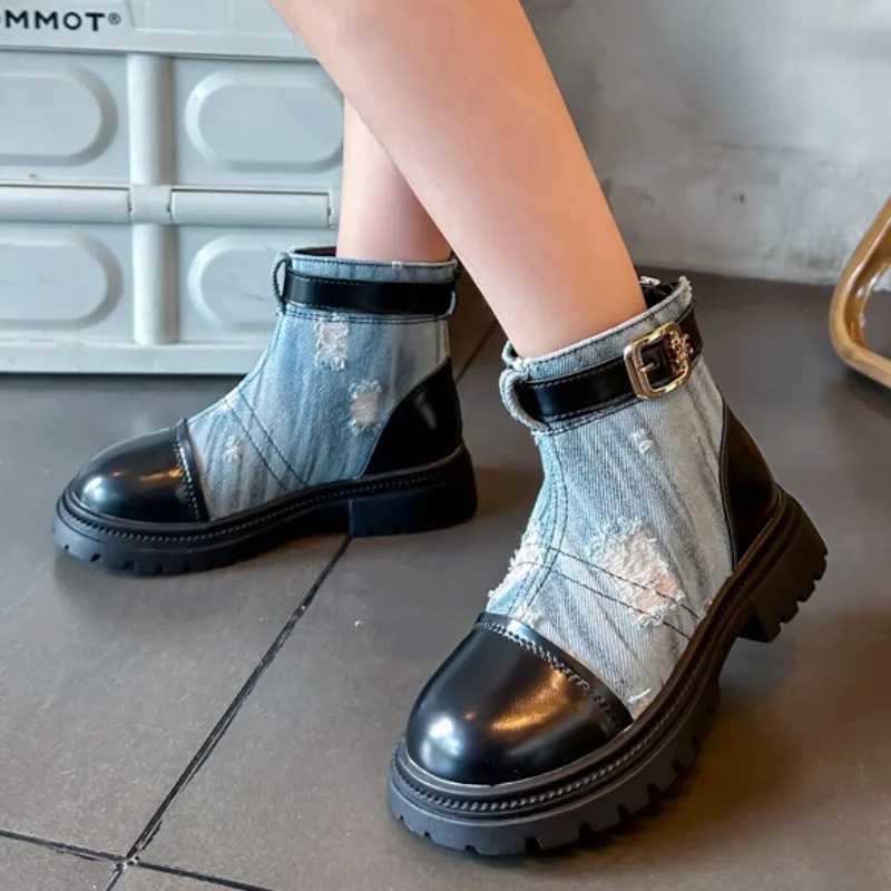 Girls boots childrens fashion denim boots autumn and winter new princess round toe childrens shoes anti slip platform casual boots vegetative state M2