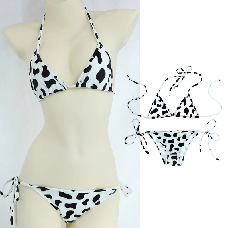 Women 2025 Milk Cow Print Bikini new Sets Sexy Halter Bras and Panty Cosplay Underwear