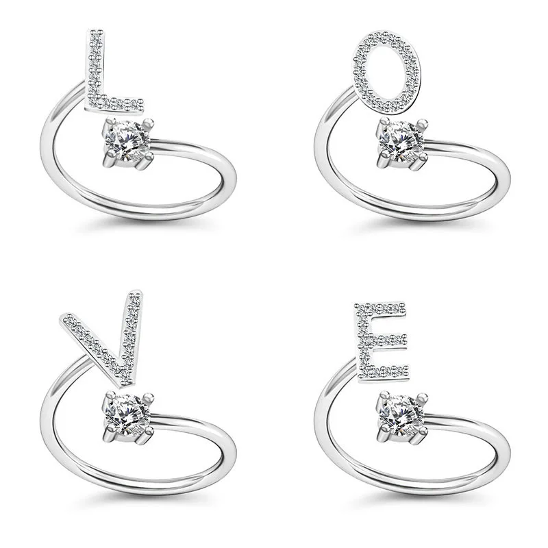 A-Z Letter 2025 Adjustable Opening Rings For Women Alphabet Name Initials Ring new Crystal Rings Bridesmaid Wedding Gift