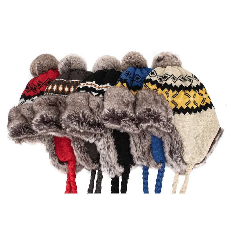 Winter Hat Bomber Hat Womens Warm Snow Hat with Fur Puff Windproof Knitted Earrings Trap Girls Outdoor Hat Gift 241031