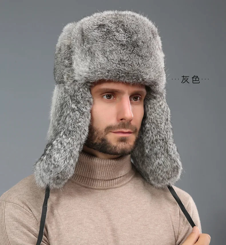 Winter Mens Immersion Artificial Silver Fox Fur Bomber Hat Raccoon Fur Ushanka Hat Hunter Russian Mens Snow Hat 241031