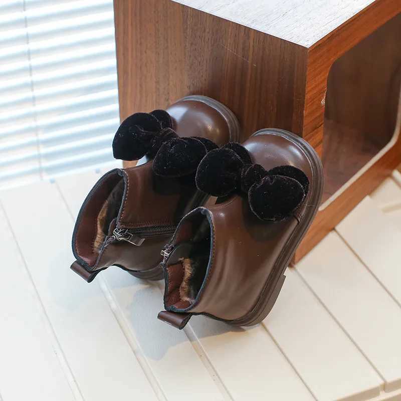 Cute Bow Baby Fashion Boots Winter Plush Warm Soft Sole Childrens Ankle Shoes PU Zipper Anti slip Childrens Shoes M241102