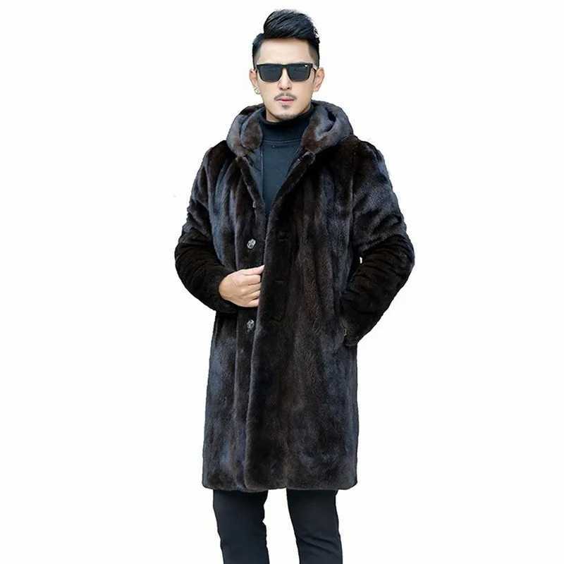 Winter Hooded Long Faux Fur Jacket Men Long Sleeve Single-breasted Thick Warm Fake Fur Coats Windproof Mens Fur Jacket CoatXJ241102