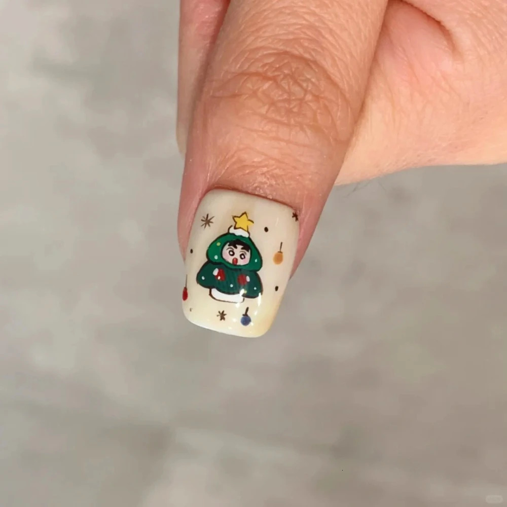 10 Handmade Pressing Christmas Nails Cute 3D Snowman Short Coffin Limited Fake Nail n Art DIY Nail Set 241031