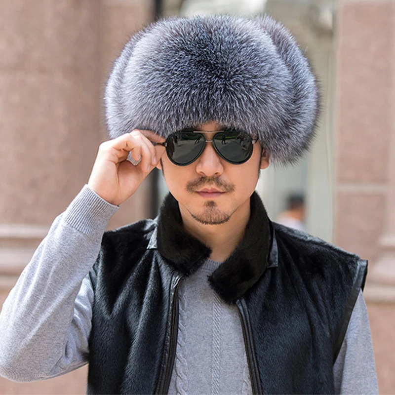 Winter Mens 100% Real Silver Fox Fur Bomber Hat Raccoon Fur Usanka Hat Catcher Russian Mens Ski Hat Real Leather 241031
