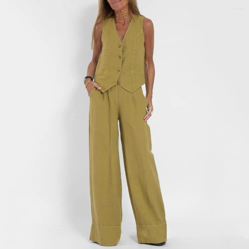 Women's Two Piece Pants Sleeveless V-neck Suit Women Set Stylish Cotton Linen With Vest Wide Leg For Office