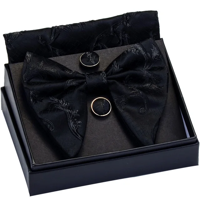 GUSLESON Decorative pattern Big Bow Tie White Black Bowtie Pocket Square Cufflinks Set with Gift Box Wedding Necktie For Man