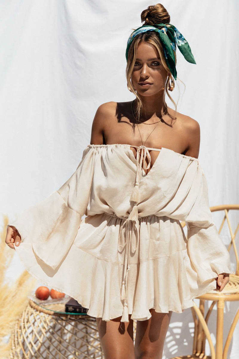 Casual Dresses Adjustable One Line Neck Loose Bodysuit Sexy Dresses High Waist Drawstring Solid Color Lace Up Flare Sleeve WoMens Dress 241024