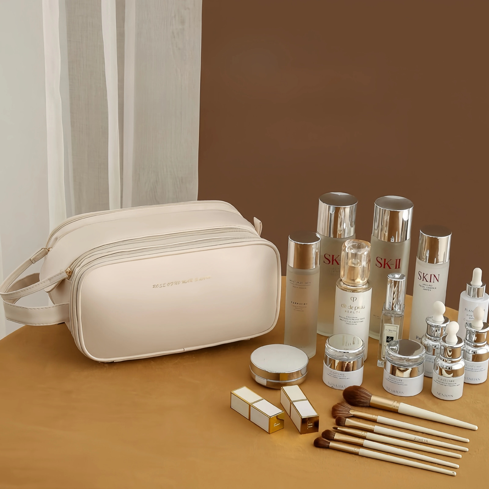 Travel makeup bag with handle PU leather portable large makeup bag suitable for women men toilet makeup tools Sk 241031