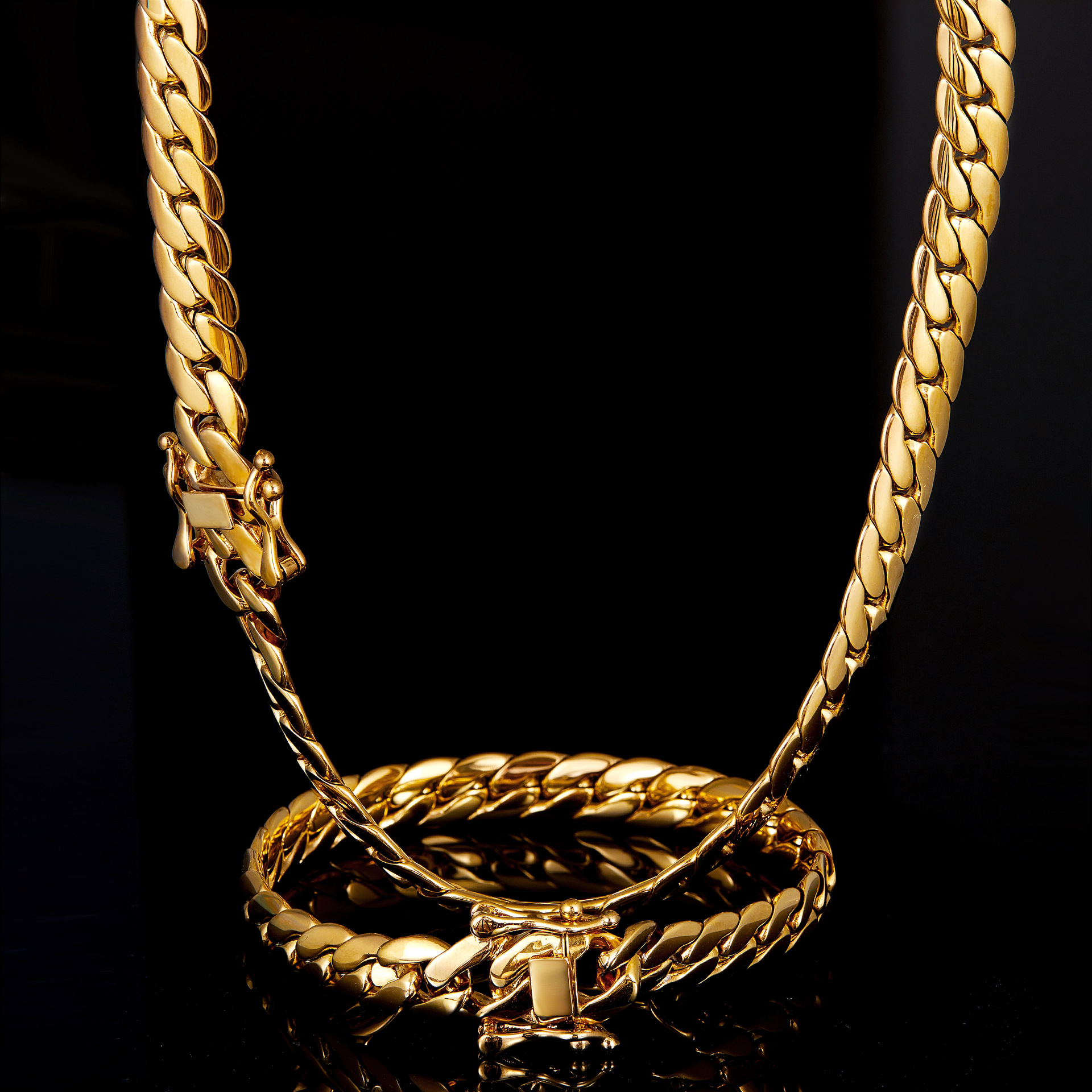 Snake Stainless Steel Miami Cuban Chain Necklace Bracelets Simple Clasp Jewelry