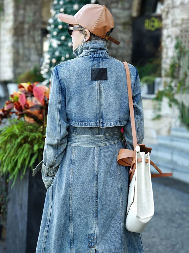 Autumn denim trench coat womens jeans collar long sleeved with patchwork work loose retro windproof jacket womens jacket 241031