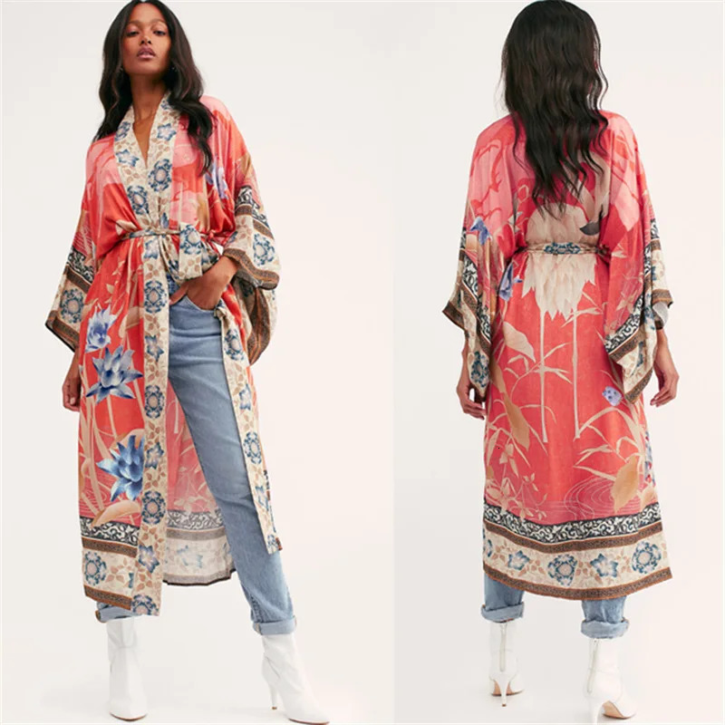 Floal Bikini Cover-ups Pink Boho Print Self Belted Front Open Long Kimono Dress Beach Tunic Women Swim Suit Cover Up 240315