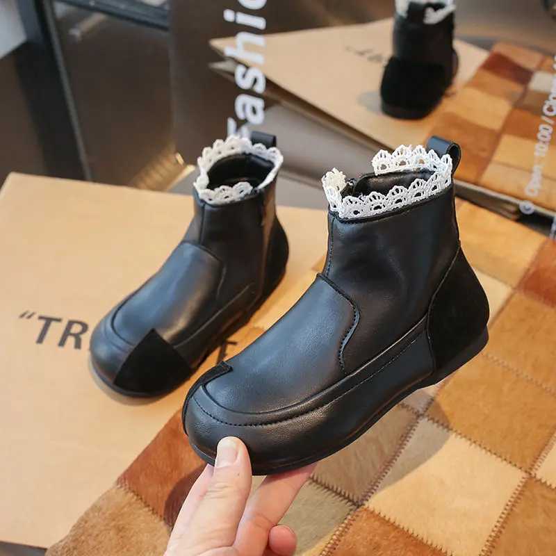 Bordered lace girls fashion boots solid PU leather patch work childrens ankle shoes Spirng autumn zipper childrens short boots M241102