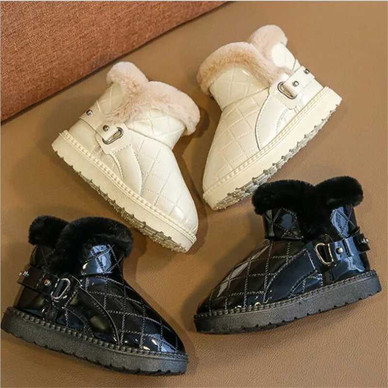 Winter childrens waterproof shoes plush girls snow boots warm shoes Pu leather flat strap childrens shoes outdoor snow boots M241102