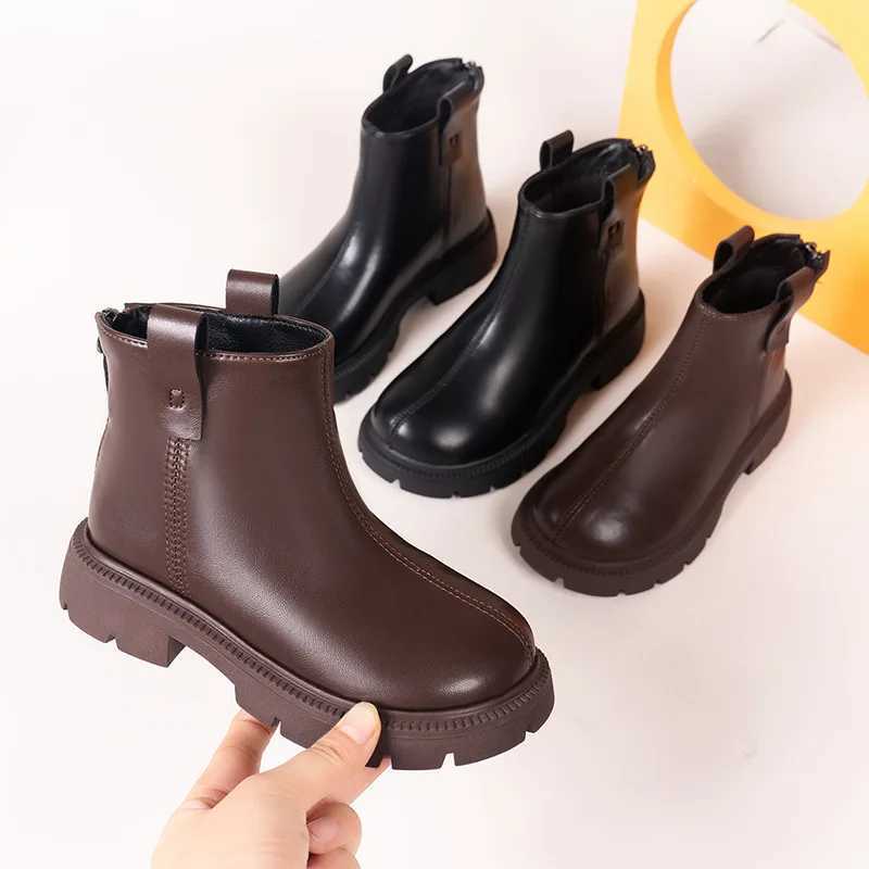 Girls Boots Autumn Winter New Solid Childrens Soft Bottom Leather Boots Boys Casual Cotton Ankle Boots Fashion Zipper Childrens Sports Shoes M241102