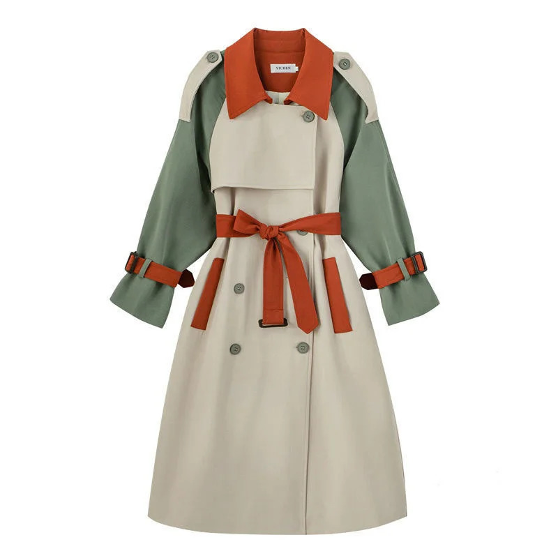 Contrast Stitching Windproof Womens Medium to Long Spring and Autumn Clothing Korean Edition Loose Belt Trench Coat 241031