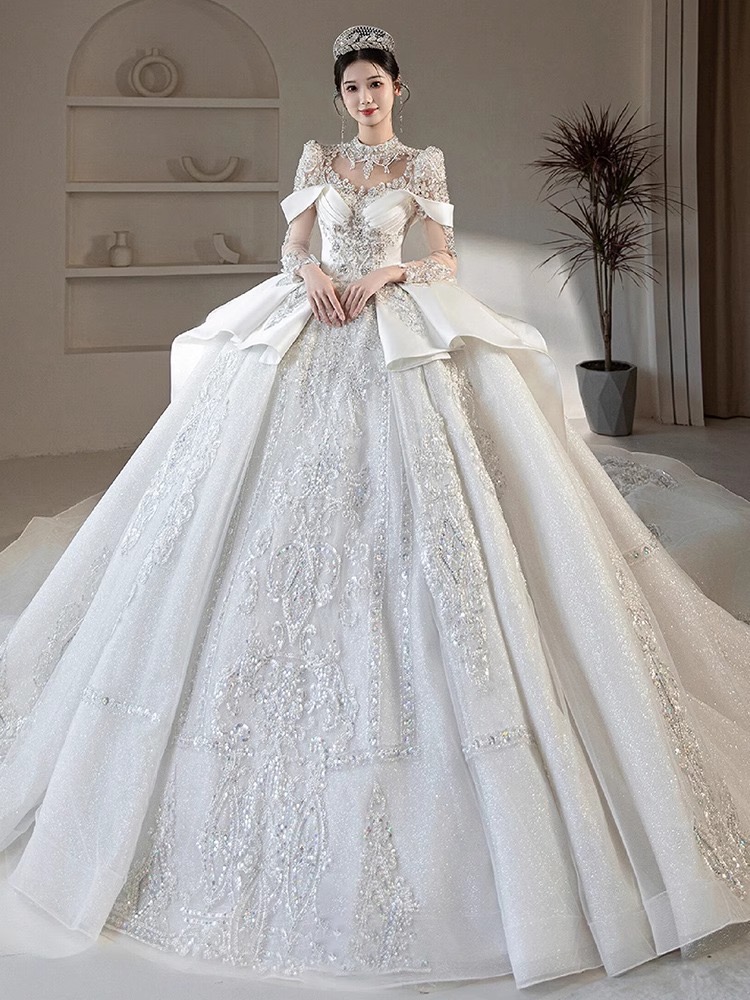 Cystal Beading Vintage ball gown new P Africa Bridal Gowns With sweep Train Long Sleeve Perspective White Dress Wedding Bridesmaid Vestido