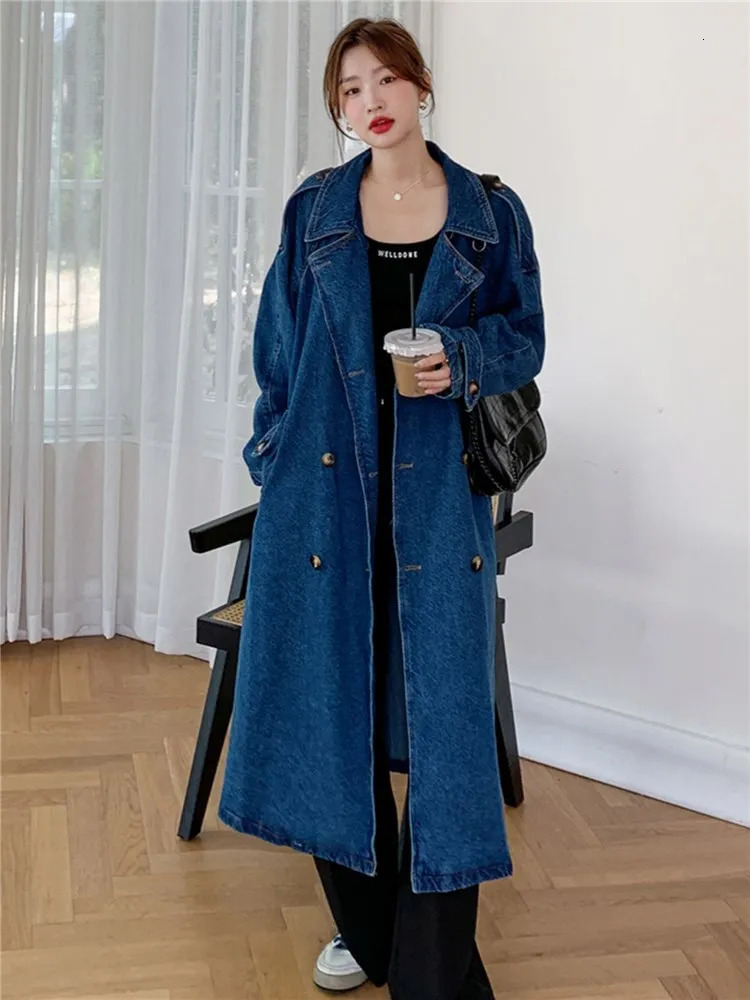 Vintage Blue Denim Windproof Jacket Autumn Double Chest Strap Loose Casual Elegant British Womens Long Trench Coat 8185 241031