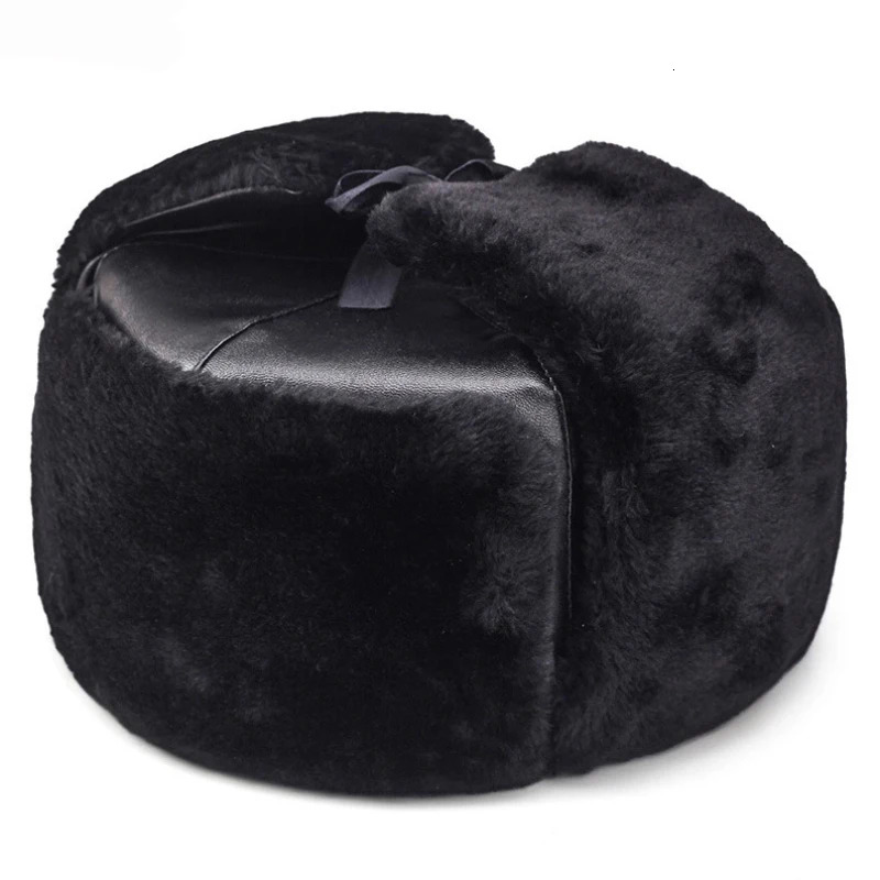 Thick Russian Hat Mens Military Hat Winter Ushanka Bomber Hat Solid Leather Earrings Trap Ski Hat Mens 241031