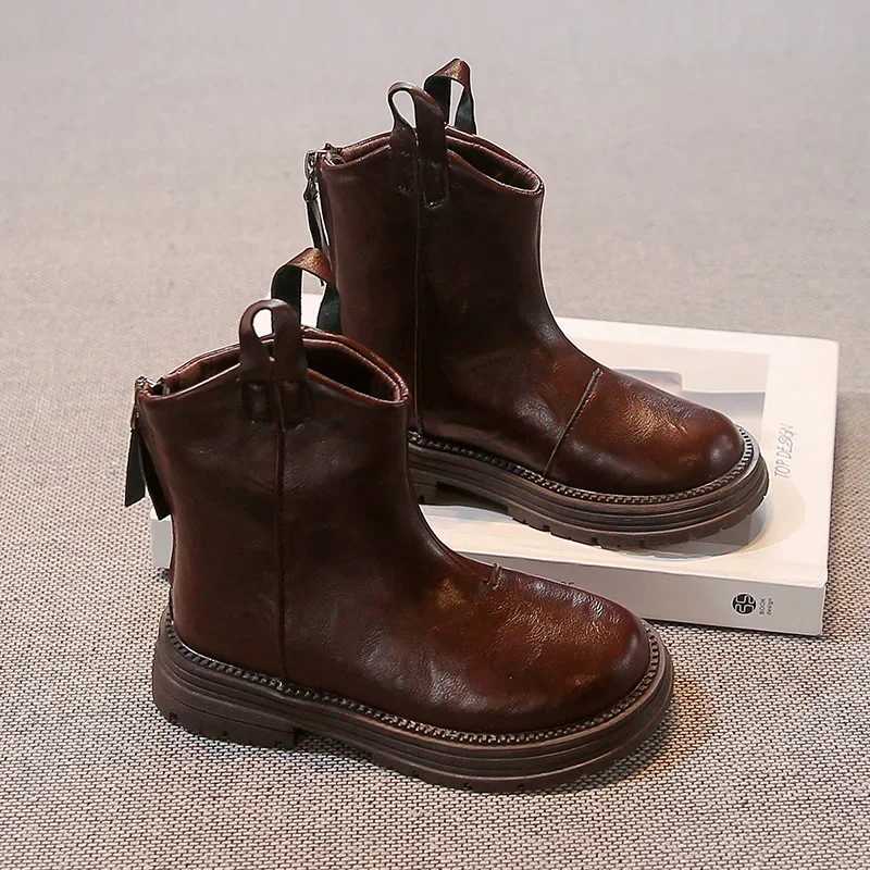 New childrens shoes solid color baby shoes suitable for girls fashionable shoes popular shoulder and ankle boots for children matte PU leather anti sl