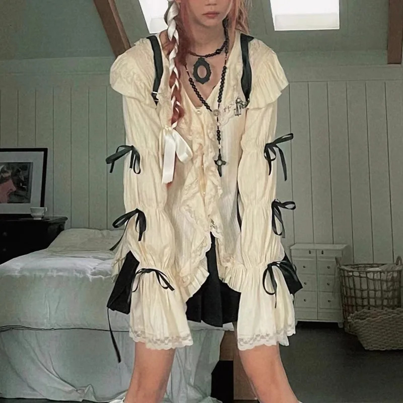 Karrram Y2k Aesthetics Lace Shirt Grunge Gothic Irregular Blouses Fairy Harajuku Bandage Shirt Vintage Lolita Clothes Mall Goth 240321