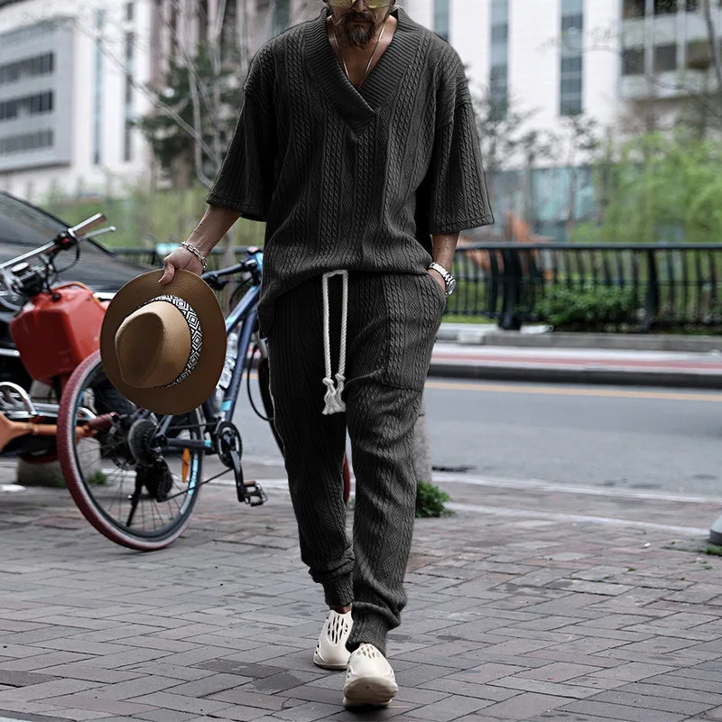 Summer Mens Two Piece Set Loose Half Sleeve V Neck Tshirt Long Pants Suit Fashion for Men Clothes Streetwear Casual Knit Outfit 240325