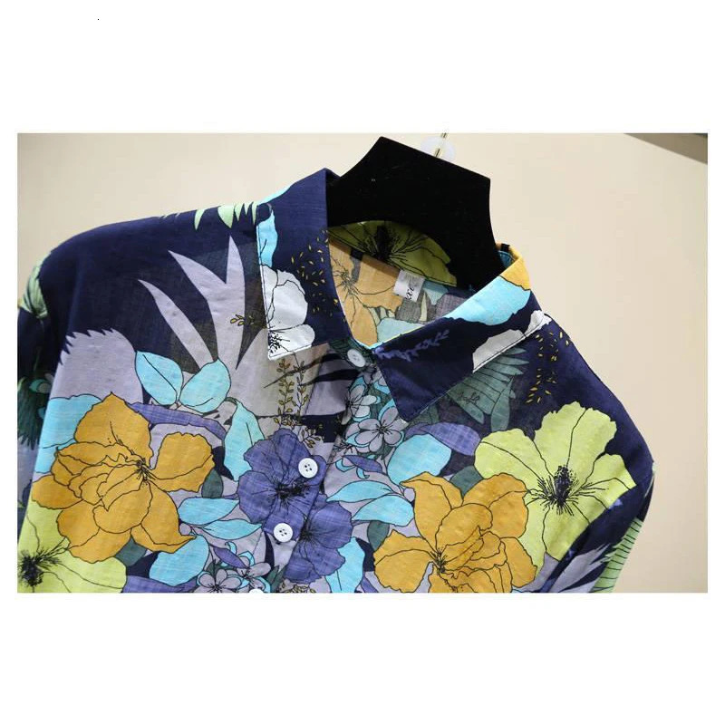 Spring Autumn Cotton Linen Casual Fashion Floral Print Shirt Ladies Loose All-match Sweet Blouse Femme Comfortable Top Women 240329